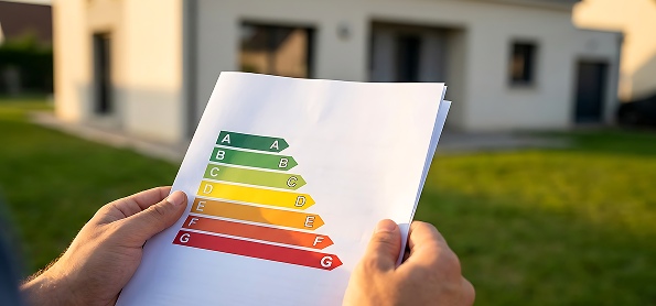 Mains tenant un document avec une étiquette de performance énergétique de A à G devant une maison