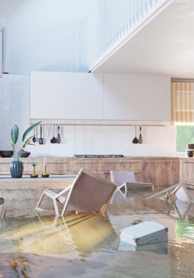 Cuisine inondée illustrant un risque de dégât des eaux dans un logement