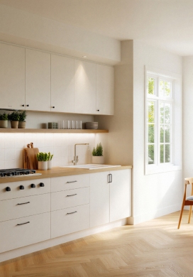Cuisine moderne blanche et bois illustrant la surface habitable Loi Boutin
