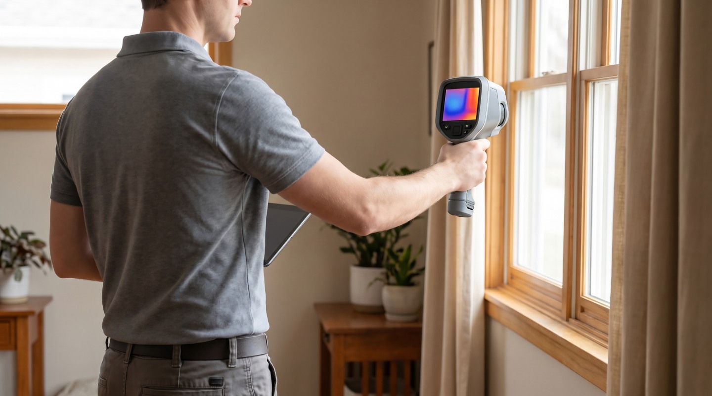 Professionnel réalisant une inspection thermique d’un logement avec une caméra thermique et une tablette